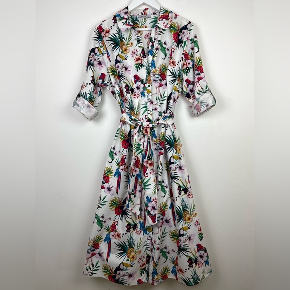 Per Una Parrot Print Belted Cotton Shirt Dress Long Midi UK 18 Roll Tab Sleeve - Picture 9 of 13